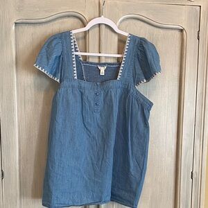 Cato Blue Chambray Square-Neck Puff Sleeve Top with White Trim